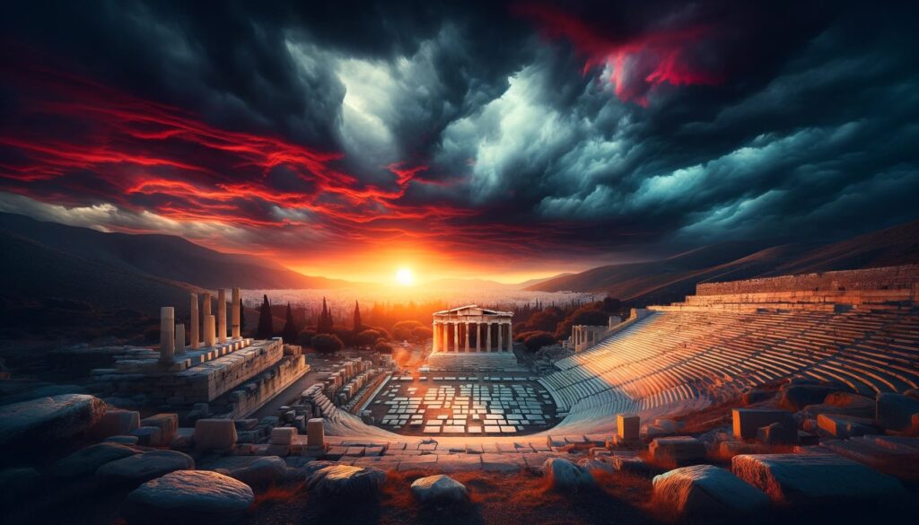 Illustration of old Greek ruins under a tumultuous sky. It is painted with a palette of deep oranges, reds, and purples, signifying a sunset. Dark, heavy clouds loom above, suggesting impending danger or a metaphorical threat to democracy. The setting sun casts elongated shadows over the stone remains, emphasizing the texture and form of the historic site.